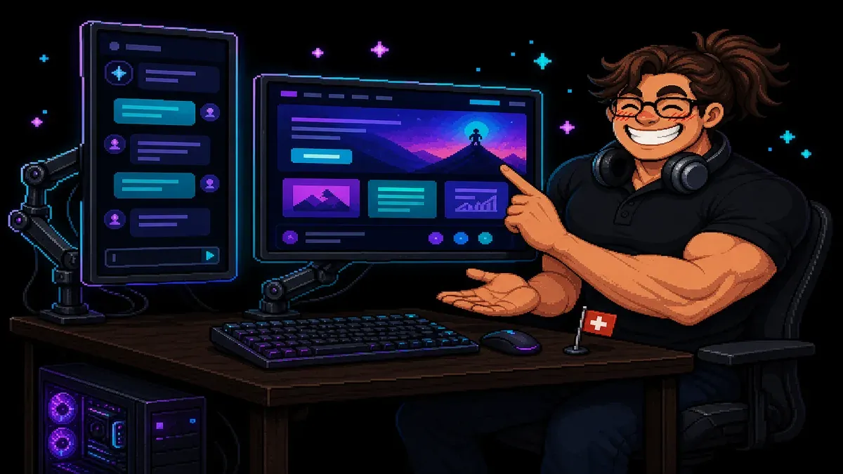 Beginner at a dual-monitor desk describing an app idea to an AI website builder — learn to code with AI