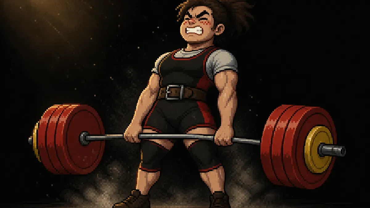Female powerlifter mid-pull on a heavy competition deadlift at a masters powerlifting meet