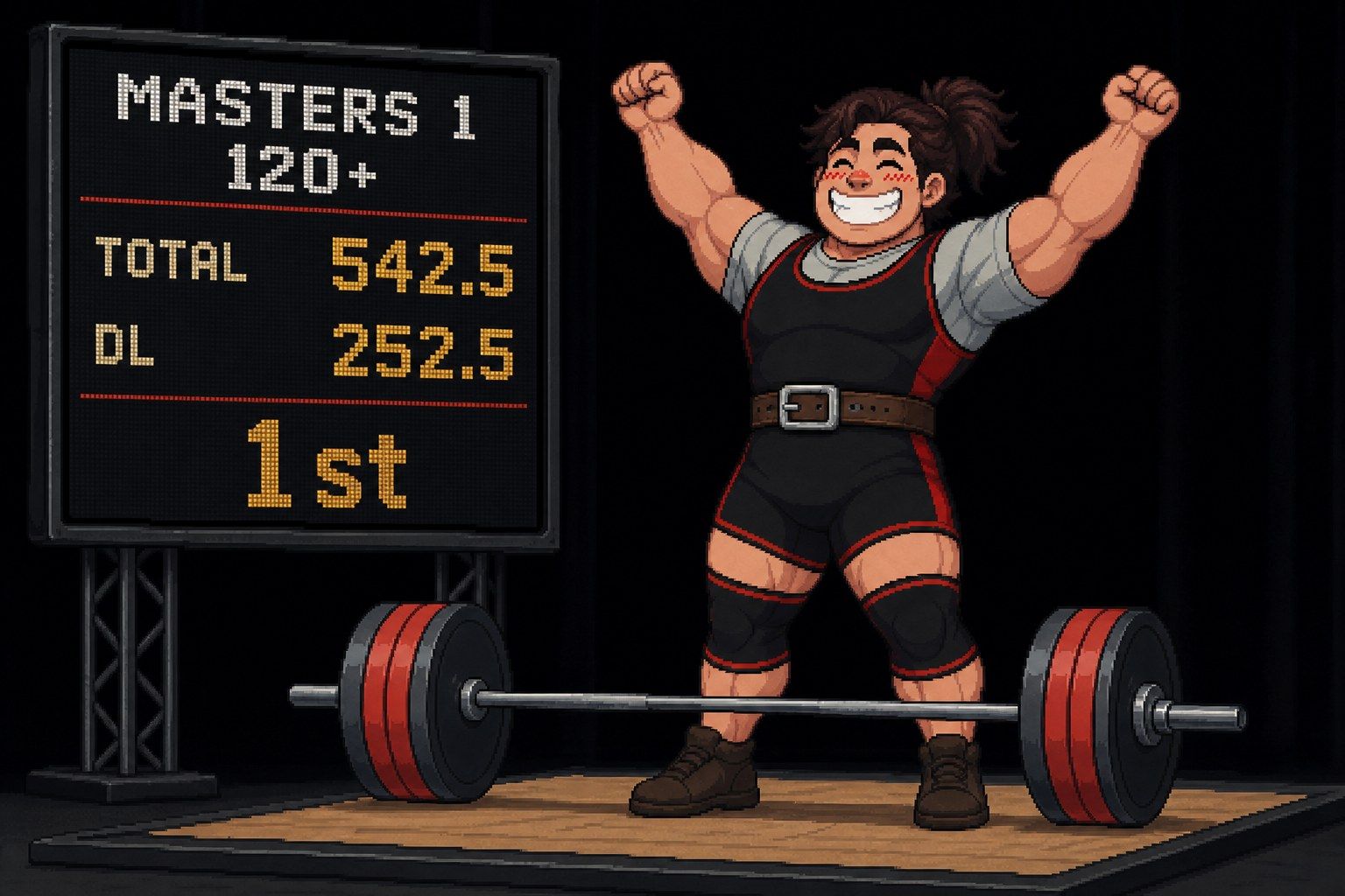 Pixel-Art Powerlifter feiert ein Kreuzheben-PR auf der Plattform