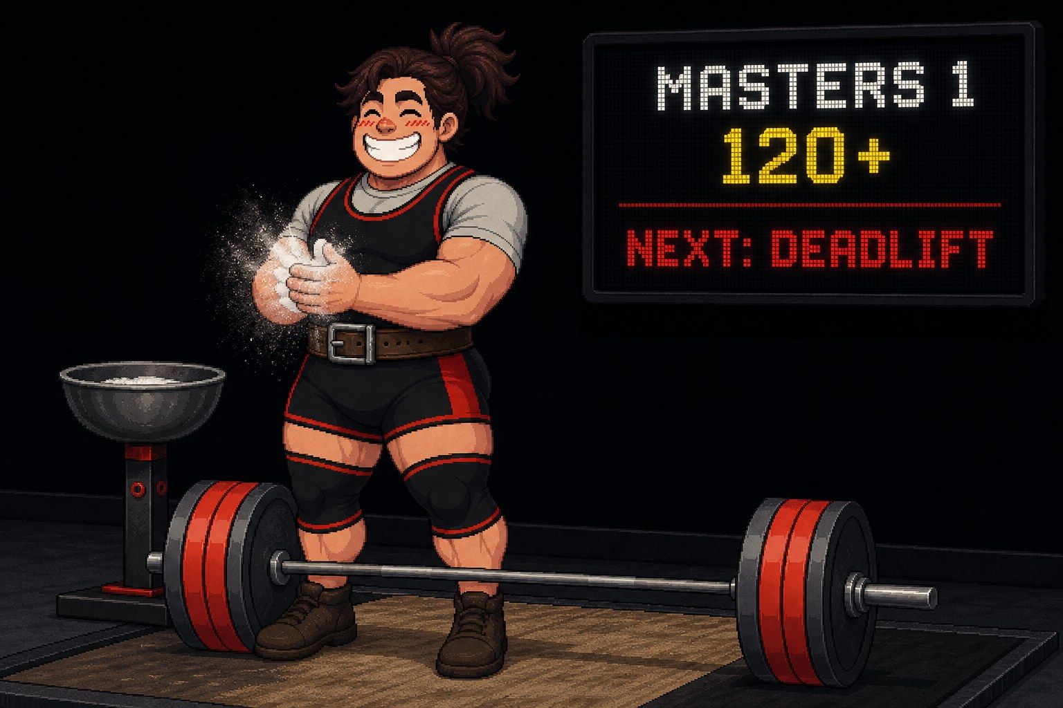 Powerlifter pixel art qui se chalk avant un soulevé de terre de compétition