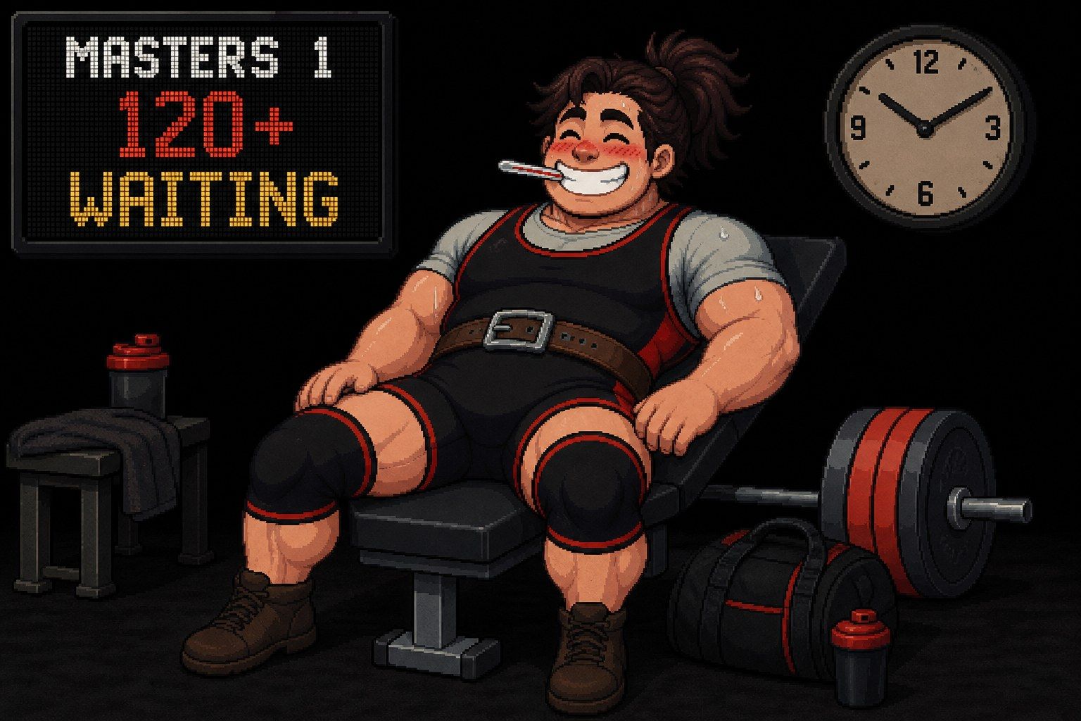 Powerlifter pixel art stanco seduto tra due gare in attesa per ore