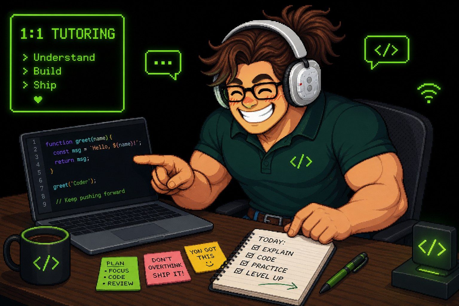 Tutor vibe coding pixel art con cuffie Nothing al laptop in una lezione 1:1