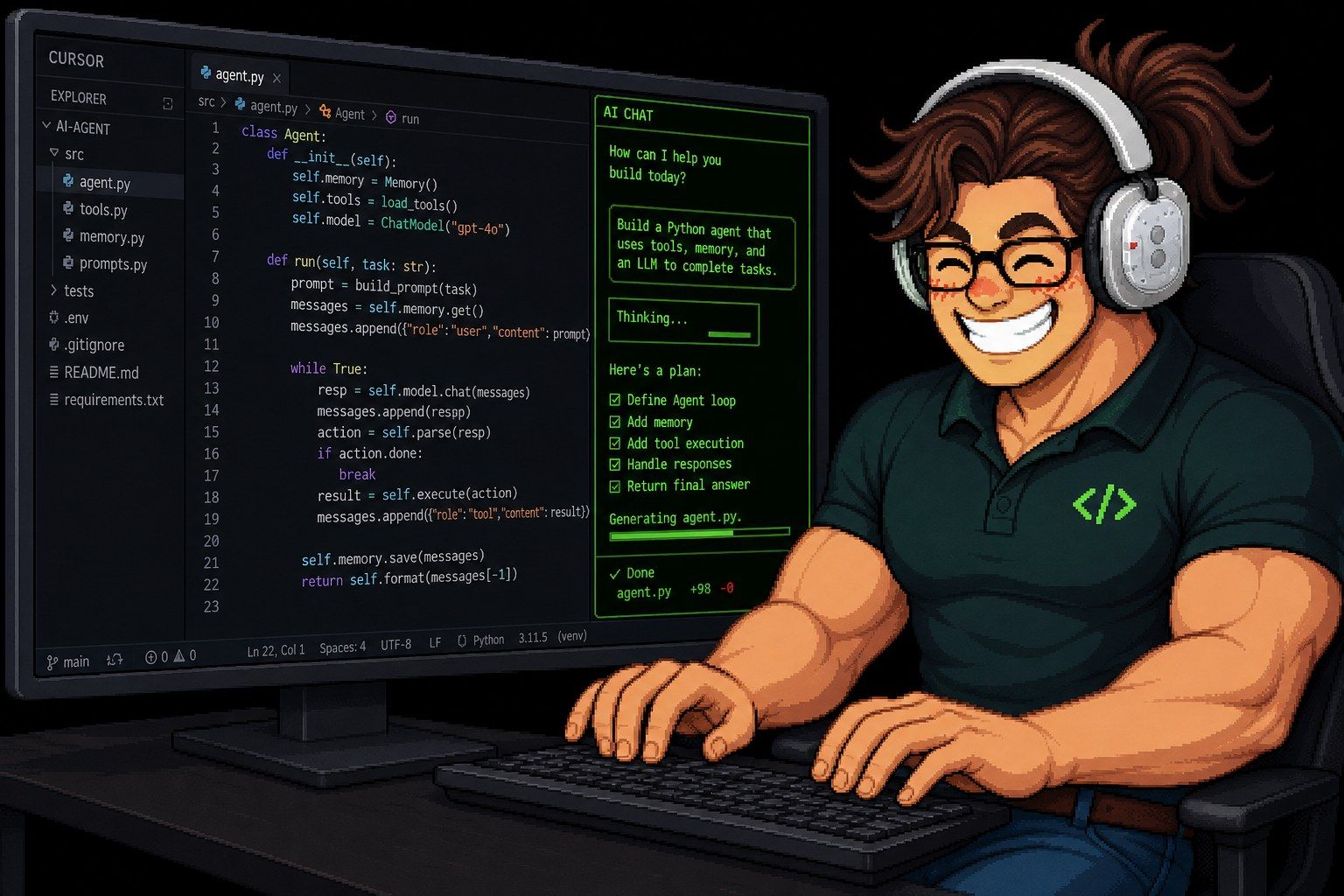 Coder pixel art che usa un assistente AI come Cursor in una sessione 1:1