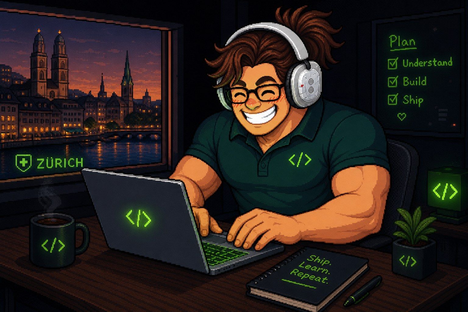 Pixel-Art Vibe-Coding-Tutor am Schreibtisch mit Zürich-Skyline