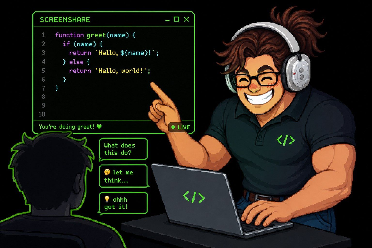 Pixel-Art Vibe-Coding-Tutor in einer fokussierten 1:1-Screenshare-Lektion